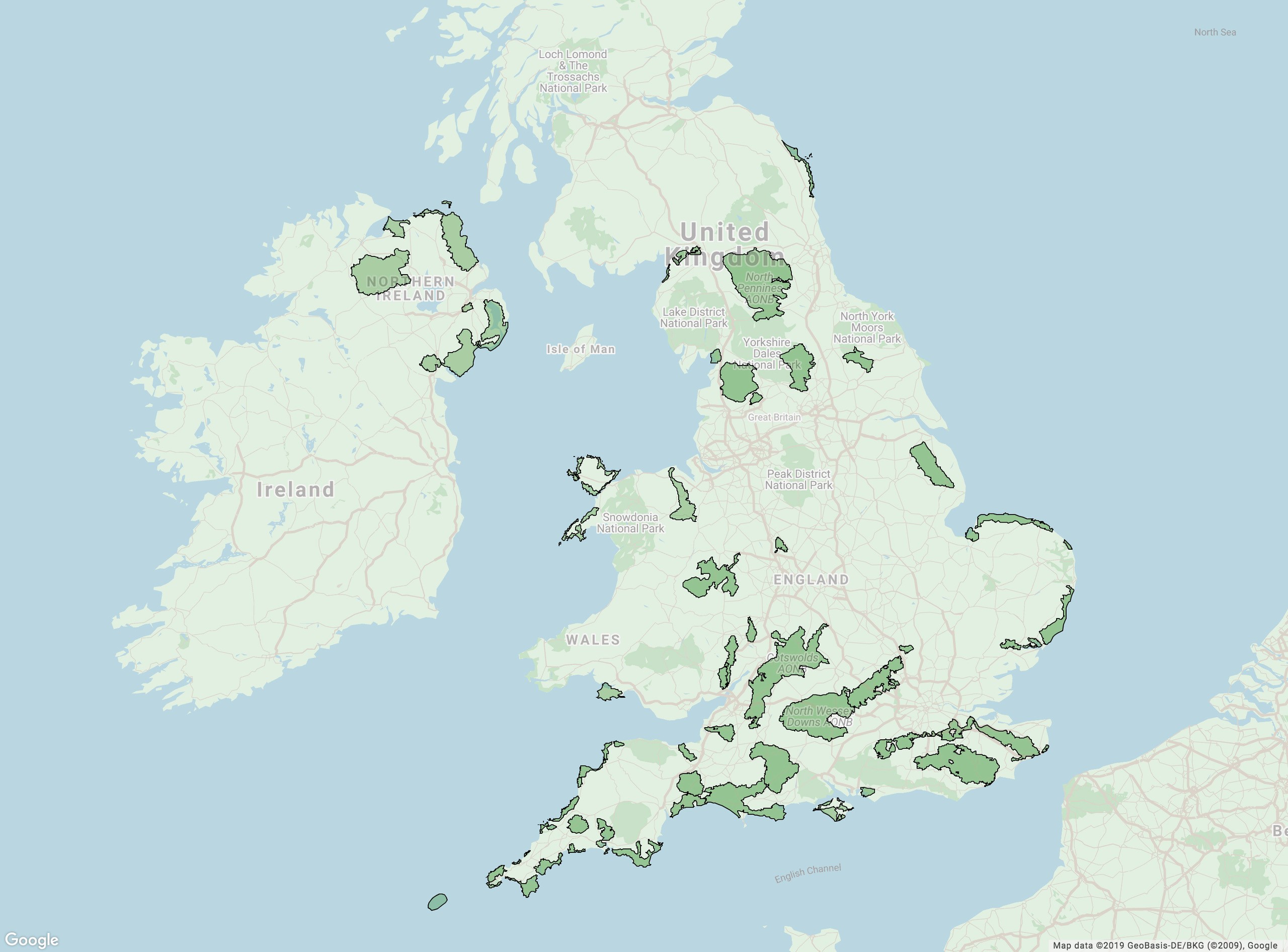 map of the UK to show the locations of all AONBs